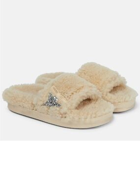 GOLDEN GOOSE Shearling Slide Slippers with Silver Star Accent - Cream.